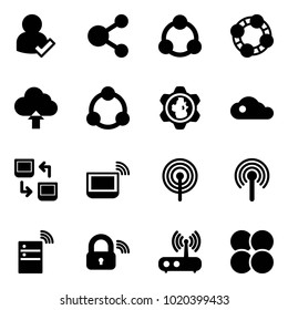 Solid vector icon set - user check vector, share, social, friends, upload cloud, community, gear globe, data exchange, notebook wi fi, antenna, server wireless, lock, router, atom core