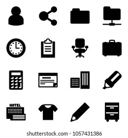 Solid vector icon set - user vector, share, folder, network, time, clipboard, office chair, case, calculator, schedule, building, highlight marker, sea hotel, t shirt, pencil, tool cabinet