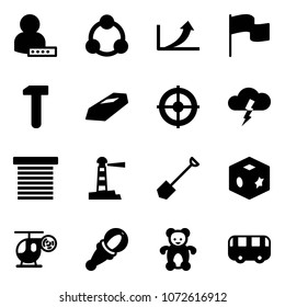Solid vector icon set - user password vector, social, growth arrow, flag, work, gold, target, storm, jalousie, lighthouse, shovel, cube toy, helicopter, beanbag, bear, bus