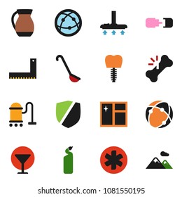 solid vector icon set - vacuum cleaner vector, window cleaning, agent, ladle, jug, corner ruler, glass, protected, internet, ambulance star, broken bone, tooth implant, connection, mountain