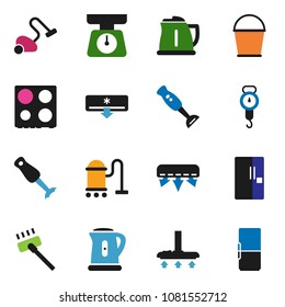 solid vector icon set - vacuum cleaner vector, bucket, kettle, scales, oven, blender, air conditioner, fridge