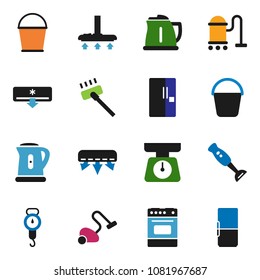 solid vector icon set - vacuum cleaner vector, bucket, kettle, scales, oven, blender, air conditioner, fridge