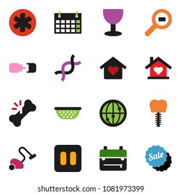 solid vector icon set - vacuum cleaner vector, colander, backpack, calendar, glass, cargo search, internet, pause button, ambulance star, dna, broken bone, tooth implant, connection, love home, sale