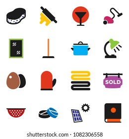 solid vector icon set - vacuum cleaner vector, mop, sponge, window cleaning, pan, colander, cook glove, towel, rolling pin, egg, table lamp, glass, pills, solar panel, sold signboard, catalog