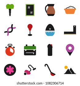 solid vector icon set - vacuum cleaner vector, window cleaning, foam basin, agent, cook timer, ladle, jug, corner ruler, backpack, punching bag, ambulance star, dna, tooth implant, pin, mountain