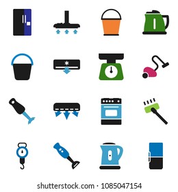 solid vector icon set - vacuum cleaner vector, bucket, kettle, scales, oven, blender, air conditioner, fridge