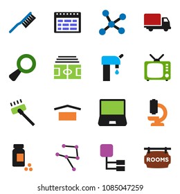 solid vector icon set - vacuum cleaner vector, fetlock, schedule, stadium, pills vial, delivery, dry cargo, tv, notebook pc, magnifier, microscope, network, hierarchy, water supply, rooms signboard