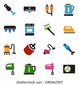 solid vector icon set - vacuum cleaner vector, iron, kettle, mixer, oven, blender, rca, air conditioner, 