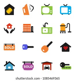 solid vector icon set - vacuum cleaner vector, steaming, house hold, sink, tv, key, garage, sold signboard, apartments, love home, smart, password