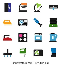 solid vector icon set - vacuum cleaner vector, iron, kettle, mixer, oven, double boiler, blender, table lamp, air conditioner, air condition, fridge