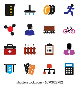 solid vector icon set - vacuum cleaner vector, plates, measuring cup, molecule, manager, dollar flag, clipboard, bike, breads, run, Railway carriage, doctor bag, hierarchy, heating, support