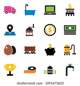 solid vector icon set - vacuum cleaner vector, bath, hand mill, egg, school building, notebook pc, award cup, dollar coin, cash, piggy bank, measuring, map pin, Railway carriage, delivery