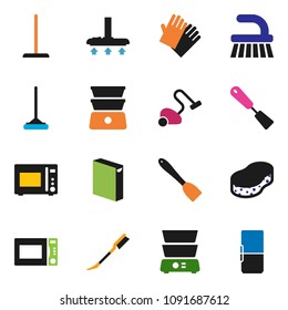 solid vector icon set - vacuum cleaner vector, fetlock, mop, sponge, car, washing powder, rubber glove, spatula, microwave oven, double boiler, fridge