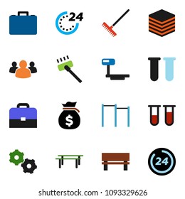 solid vector icon set - vacuum cleaner vector, rake, case, money bag, horizontal bar, big scales, group, vial, data, gear, bench, 24 hour