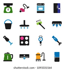 solid vector icon set - vacuum cleaner vector, bucket, kettle, scales, oven, blender, air conditioner, fridge