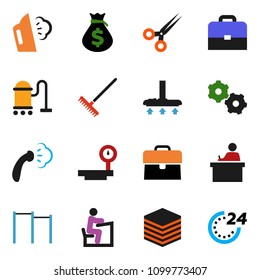 solid vector icon set - vacuum cleaner vector, rake, steaming, student, case, money bag, horizontal bar, big scales, scissors, data, gear, 24 hour