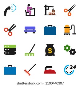 solid vector icon set - vacuum cleaner vector, rake, iron, steaming, student, case, scissors, big data, gear, bench, construction crane, money bag, 24 hour