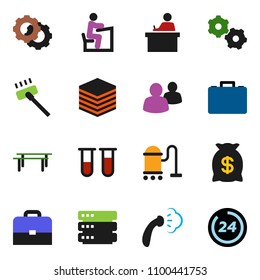 solid vector icon set - vacuum cleaner vector, steaming, student, case, horizontal bar, group, vial, big data, gear, money bag, 24 hour