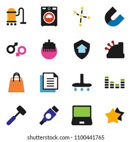 solid vector icon set - vacuum cleaner vector, washer, meat hammer, magnet, constellation, document, equalizer, notebook pc, hdmi, gender sign, lan connector, home protect, shopping bag, cashbox