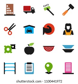 solid vector icon set - vacuum cleaner vector, woman, colander, meat hammer, plates, clipboard, any currency, diet, muscule hand, delivery, shelving, scissors, pin, garage, building