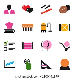 solid vector icon set - vacuum cleaner vector, cookbook, potato, corner ruler, exam, graph, buttocks, stairways run, wood box, cargo, touchscreen, heart, hub, consumer