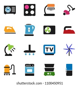 solid vector icon set - vacuum cleaner vector, iron, kettle, oven, double boiler, table lamp, tv, windmill, air condition, fridge