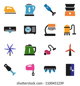 solid vector icon set - vacuum cleaner vector, iron, kettle, mixer, double boiler, blender, table lamp, windmill, air conditioner, air condition, fridge