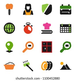 solid vector icon set - vacuum cleaner vector, foam basin, plates, shining window, woman, cook timer, cookbook, backpack, calendar, protected, cargo search, internet, tooth implant, pin, mountain