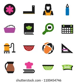 solid vector icon set - vacuum cleaner vector, foam basin, woman, colander, cookbook, jug, corner ruler, punching bag, calendar, cargo search, ambulance star, connection, sale