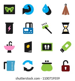solid vector icon set - vacuum cleaner vector, water drop, welcome mat, sink, measuring cup, towel, credit card, sand clock, muscule hand, enegry drink, usb modem, refresh, gift, wallet, catalog