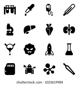 Solid vector icon set - vial vector, pipette, drop counter, thermometer, lab, liver, heart, kidneys, bladder, virus, rocket, flask, micro flash card, robot, molecule, forceps