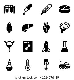 Solid vector icon set - vial vector, pipette, thermometer, pill, drop counter, liver, heart, brain, bladder, x ray, rocket, flask, round, laser, moon rover