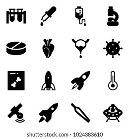 Solid vector icon set - vial vector, pipette, drop counter, lab, pill, heart, bladder, virus, x ray, rocket, thermometer, satellite, forceps, ufo toy