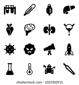 Solid vector icon set - vial vector, thermometer, drop counter, liver, heart, brain, kidneys, bladder, virus, telescope, rocket, flask, robot, forceps