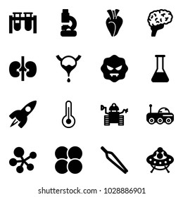 Solid vector icon set - vial vector, lab, heart, brain, kidneys, bladder, virus, flask, rocket, thermometer, robot, moon rover, molecule, atom core, forceps, ufo toy