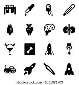 Solid vector icon set - vial vector, pipette, drop counter, thermometer, heart, brain, kidneys, bladder, x ray, rocket, laser, moon rover, forceps