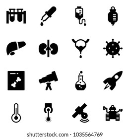 Solid vector icon set - vial vector, pipette, drop counter, liver, kidneys, bladder, virus, x ray, telescope, round flask, rocket, thermometer, laser, satellite, robot