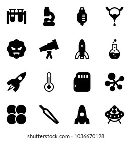 Solid vector icon set - vial vector, lab, drop counter, bladder, virus, telescope, rocket, round flask, thermometer, micro flash card, molecule, atom core, forceps, ufo toy