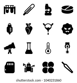 Solid vector icon set - vial vector, thermometer, lab, pill, drop counter, heart, bladder, virus, telescope, flask, laser, micro flash card, robot, atom core, forceps