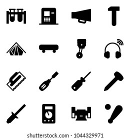 Solid vector icon set - vial vector, atm, loudspeaker, work, tent, skateboard, piston, wireless headphones, trowel, chisel, screwdriver, nail, clinch, multimeter, sharpening, baseball bat