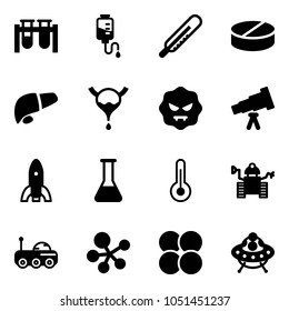 Solid vector icon set - vial vector, drop counter, thermometer, pill, liver, bladder, virus, telescope, rocket, flask, robot, moon rover, molecule, atom core, ufo toy