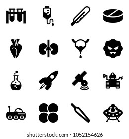 Solid vector icon set - vial vector, drop counter, thermometer, pill, heart, kidneys, bladder, virus, round flask, rocket, satellite, robot, moon rover, atom core, forceps, ufo toy