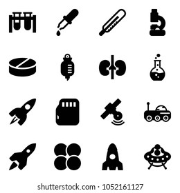 Solid vector icon set - vial vector, pipette, thermometer, lab, pill, drop counter, kidneys, round flask, rocket, micro flash card, satellite, moon rover, atom core, ufo toy