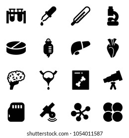 Solid vector icon set - vial vector, pipette, thermometer, lab, pill, drop counter, liver, heart, brain, bladder, x ray, telescope, micro flash card, satellite, molecule, atom core