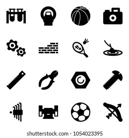 Solid vector icon set - vial vector, mri, basketball ball, camera, gears, brick wall, badminton, fishing, ruler, side cutters, nut, screw, allen key set, sharpening, soccer, bow