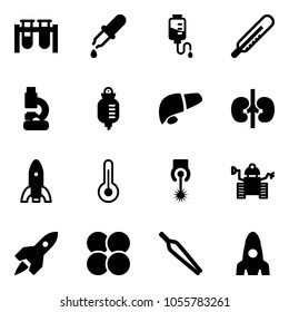 Solid vector icon set - vial vector, pipette, drop counter, thermometer, lab, liver, kidneys, rocket, laser, robot, atom core, forceps