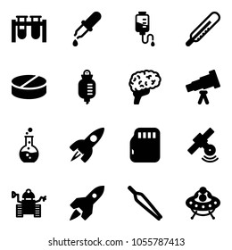 Solid vector icon set - vial vector, pipette, drop counter, thermometer, pill, brain, telescope, round flask, rocket, micro flash card, satellite, robot, forceps, ufo toy