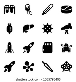 Solid vector icon set - vial vector, drop counter, thermometer, pill, liver, virus, telescope, rocket, micro flash card, robot, molecule, forceps, ufo toy