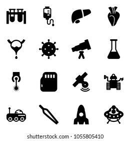 Solid vector icon set - vial vector, drop counter, liver, heart, bladder, virus, telescope, flask, laser, micro flash card, satellite, robot, moon rover, forceps, rocket, ufo toy