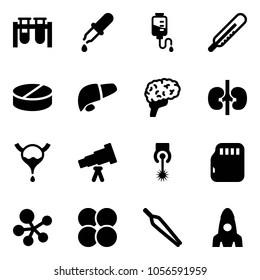 Solid vector icon set - vial vector, pipette, drop counter, thermometer, pill, liver, brain, kidneys, bladder, telescope, laser, micro flash card, molecule, atom core, forceps, rocket
